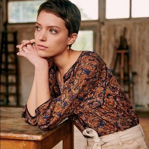 Sezane Aelia Blouse Orcher Blue Velvet Trim 44